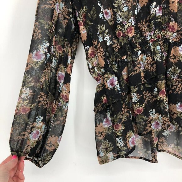 Pleione  Black Floral Peasant Tunic sheer balloon sleeve blouse LG - Picture 8 of 16